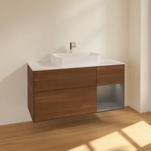 VILLEROY BOCH Toaletní skříňka Finion, s osvětlením, 3 výsuvy, 1200 x 603 x 501 mm, ořechová dýha / antracitový matný lak / bílé matné sklo #F421GKGN, obrázek 2