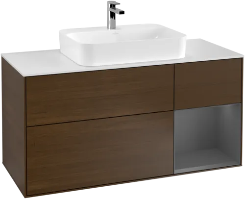 VILLEROY BOCH Toaletní skříňka Finion, s osvětlením, 3 výsuvy, 1200 x 603 x 501 mm, ořechová dýha / antracitový matný lak / bílé matné sklo #F421GKGN, obrázek 1