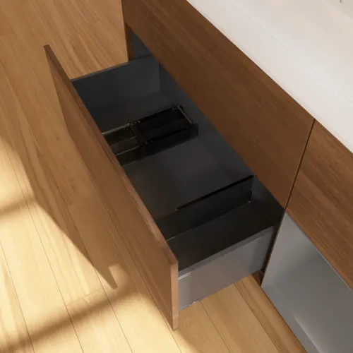 VILLEROY BOCH Toaletní skříňka Finion, s osvětlením, 3 výsuvy, 1200 x 603 x 501 mm, ořechová dýha / antracitový matný lak / bílé matné sklo #F421GKGN, obrázek 7