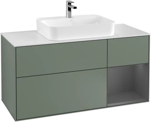 VILLEROY BOCH Toaletní skříňka Finion, s osvětlením, 3 výsuvy, 1200 x 603 x 501 mm, olivový matný lak / antracitový matný lak / bílé matné sklo #F421GKGM, obrázek 1