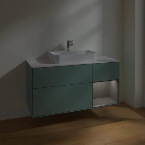 VILLEROY BOCH Toaletní skříňka Finion, s osvětlením, 3 výsuvy, 1200 x 603 x 501 mm, olivový matný lak / antracitový matný lak / bílé matné sklo #F421GKGM, obrázek 5