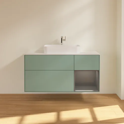 VILLEROY BOCH Toaletní skříňka Finion, s osvětlením, 3 výsuvy, 1200 x 603 x 501 mm, olivový matný lak / antracitový matný lak / bílé matné sklo #F421GKGM, obrázek 3