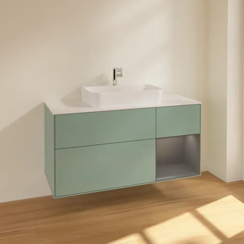 VILLEROY BOCH Toaletní skříňka Finion, s osvětlením, 3 výsuvy, 1200 x 603 x 501 mm, olivový matný lak / antracitový matný lak / bílé matné sklo #F421GKGM, obrázek 2