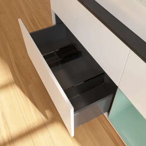 VILLEROY BOCH Toaletní skříňka Finion, s osvětlením, 3 výsuvy, 1200 x 603 x 501 mm, bílý matný lak / olivový matný lak / černé matné sklo #F422GMMT, obrázek 7