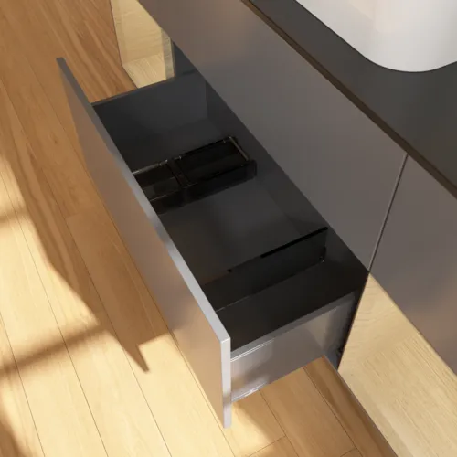 VILLEROY BOCH Toaletní skříňka Finion, s osvětlením, 4 výsuvy, 1600 x 603 x 501 mm, antracitový matný lak / dubová dýha / černé matné sklo #F452PCGK, obrázek 6