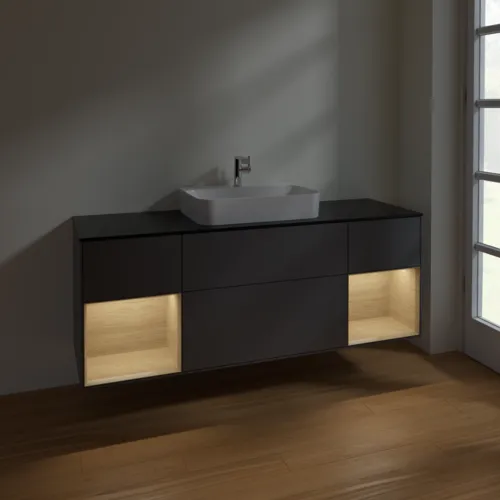 VILLEROY BOCH Toaletní skříňka Finion, s osvětlením, 4 výsuvy, 1600 x 603 x 501 mm, antracitový matný lak / dubová dýha / černé matné sklo #F452PCGK, obrázek 4