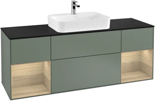 VILLEROY BOCH Toaletní skříňka Finion, s osvětlením, 4 výsuvy, 1600 x 603 x 501 mm, olivový matný lak / dubová dýha / sklo černé matné #F452PCGM