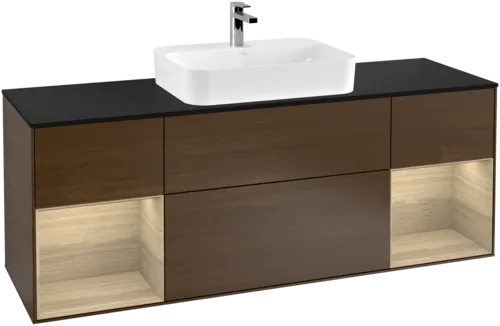 VILLEROY BOCH Toaletní skříňka Finion, s osvětlením, 4 výsuvy, 1600 x 603 x 501 mm, ořechová dýha / dubová dýha / sklo černé matné #F452PCGN