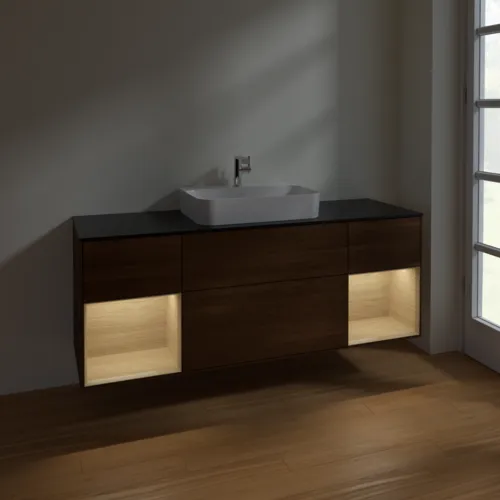 VILLEROY BOCH Toaletní skříňka Finion, s osvětlením, 4 výsuvy, 1600 x 603 x 501 mm, ořechová dýha / dubová dýha / sklo černé matné #F452PCGN, obrázek 3