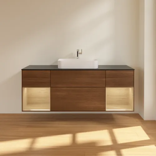 VILLEROY BOCH Toaletní skříňka Finion, s osvětlením, 4 výsuvy, 1600 x 603 x 501 mm, ořechová dýha / dubová dýha / sklo černé matné #F452PCGN, obrázek 2