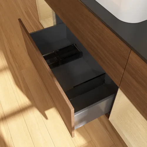 VILLEROY BOCH Toaletní skříňka Finion, s osvětlením, 4 výsuvy, 1600 x 603 x 501 mm, ořechová dýha / dubová dýha / sklo černé matné #F452PCGN, obrázek 5