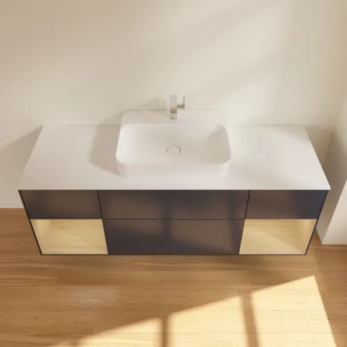 VILLEROY BOCH Toaletní skříňka Finion, s osvětlením, 4 výsuvy, 1600 x 603 x 501 mm, matný lak Midnight Blue / dubová dýha / matné bílé sklo #F451PCHG, obrázek 3