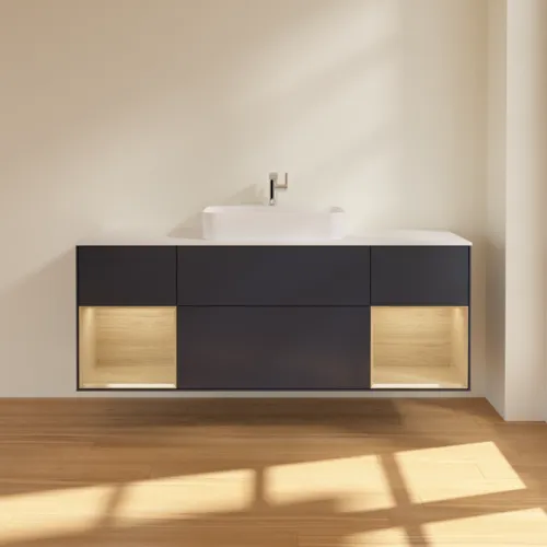 VILLEROY BOCH Toaletní skříňka Finion, s osvětlením, 4 výsuvy, 1600 x 603 x 501 mm, matný lak Midnight Blue / dubová dýha / matné bílé sklo #F451PCHG, obrázek 2
