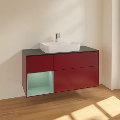 VILLEROY BOCH Toaletní skříňka Finion, s osvětlením, 3 výsuvy, 1200 x 603 x 501 mm, Pivoňka matný lak / Olivový matný lak / Sklo černé matné #F412GMHB, obrázek 2