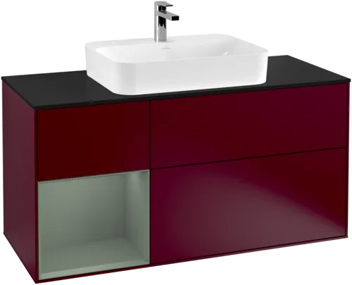 VILLEROY BOCH Toaletní skříňka Finion, s osvětlením, 3 výsuvy, 1200 x 603 x 501 mm, Pivoňka matný lak / Olivový matný lak / Sklo černé matné #F412GMHB