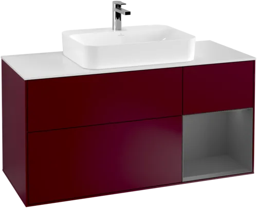 VILLEROY BOCH Toaletní skříňka Finion, s osvětlením, 3 výsuvy, 1200 x 603 x 501 mm, matný lak Pivoňka / matný lak Antracit / matné sklo Bílá #F421GKHB