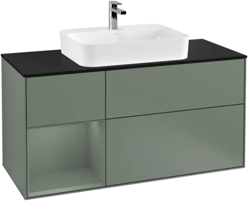 VILLEROY BOCH Toaletní skříňka Finion, s osvětlením, 3 výsuvy, 1200 x 603 x 501 mm, olivově matný lak / olivově matný lak / sklo černé matné #F412GMGM