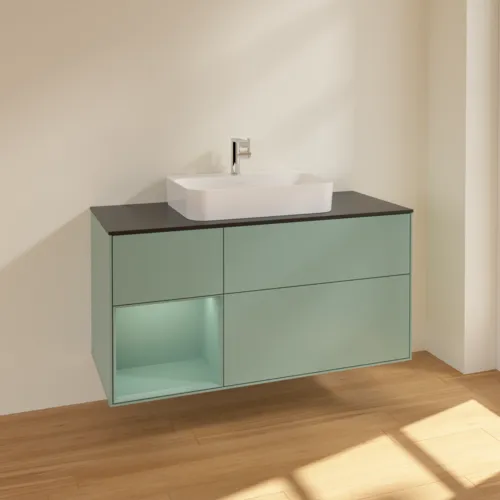 VILLEROY BOCH Toaletní skříňka Finion, s osvětlením, 3 výsuvy, 1200 x 603 x 501 mm, olivově matný lak / olivově matný lak / sklo černé matné #F412GMGM, obrázek 2