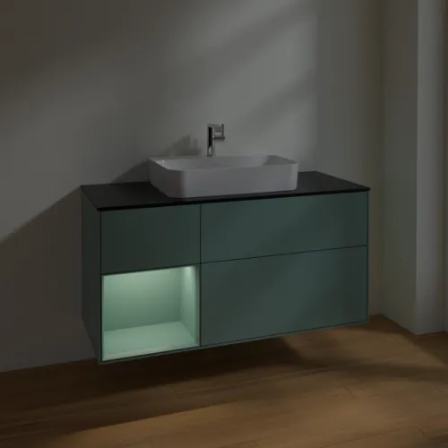 VILLEROY BOCH Toaletní skříňka Finion, s osvětlením, 3 výsuvy, 1200 x 603 x 501 mm, olivově matný lak / olivově matný lak / sklo černé matné #F412GMGM, obrázek 5