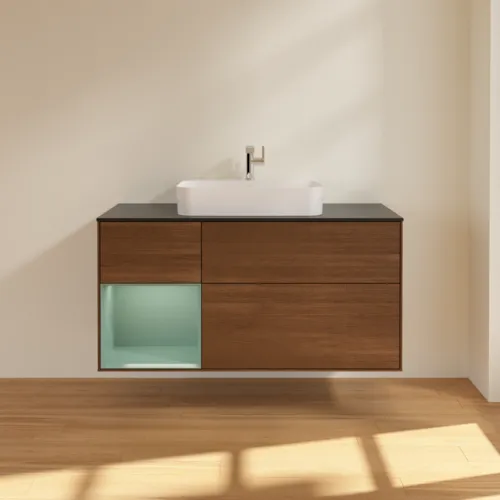 VILLEROY BOCH Toaletní skříňka Finion, s osvětlením, 3 výsuvy, 1200 x 603 x 501 mm, ořechová dýha / olivově matný lak / sklo černé matné #F412GMGN, obrázek 3