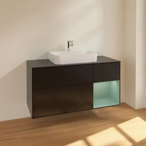 VILLEROY BOCH Toaletní skříňka Finion, s osvětlením, 3 výsuvy, 1200 x 603 x 501 mm, černý matný lak / olivový matný lak / černé matné sklo #F422GMPD, obrázek 2