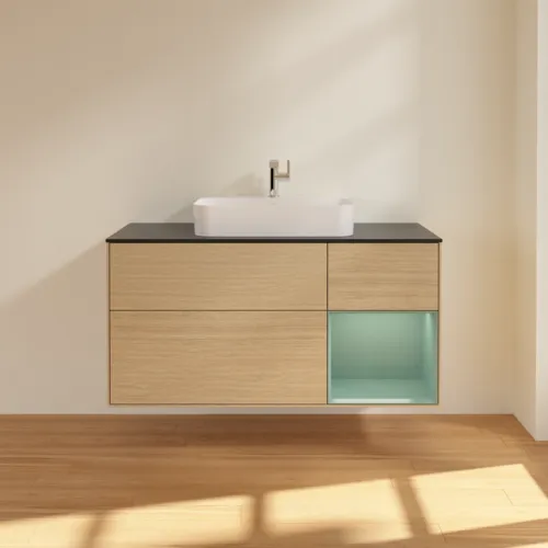 VILLEROY BOCH Toaletní skříňka Finion, s osvětlením, 3 výsuvy, 1200 x 603 x 501 mm, dubová dýha / olivově matný lak / sklo černé matné #F422GMPC, obrázek 3