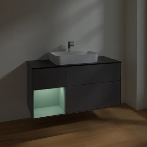 VILLEROY BOCH Toaletní skříňka Finion, s osvětlením, 3 výsuvy, 1200 x 603 x 501 mm, antracitový matný lak / olivový matný lak / černé matné sklo #F412GMGK, obrázek 5