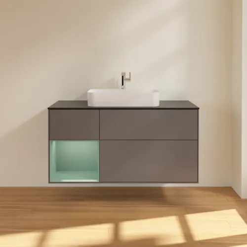 VILLEROY BOCH Toaletní skříňka Finion, s osvětlením, 3 výsuvy, 1200 x 603 x 501 mm, antracitový matný lak / olivový matný lak / černé matné sklo #F412GMGK, obrázek 3