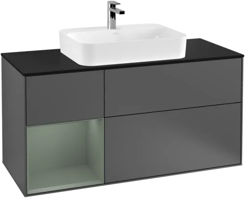 VILLEROY BOCH Toaletní skříňka Finion, s osvětlením, 3 výsuvy, 1200 x 603 x 501 mm, antracitový matný lak / olivový matný lak / černé matné sklo #F412GMGK, obrázek 1