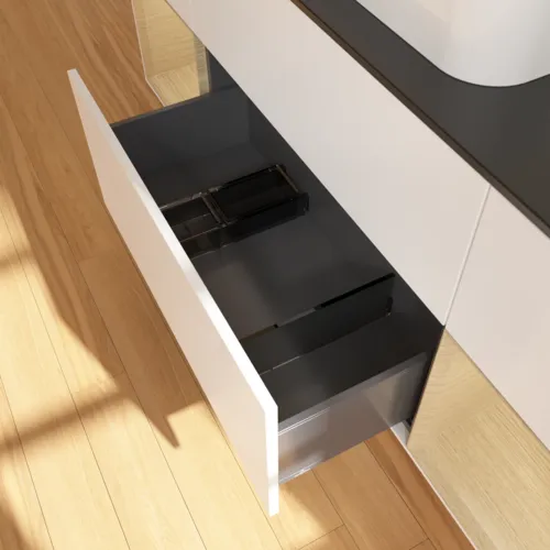 VILLEROY BOCH Toaletní skříňka Finion, s osvětlením, 4 výsuvy, 1600 x 603 x 501 mm, bílý matný lak / dubová dýha / černé matné sklo #F452PCMT, obrázek 4