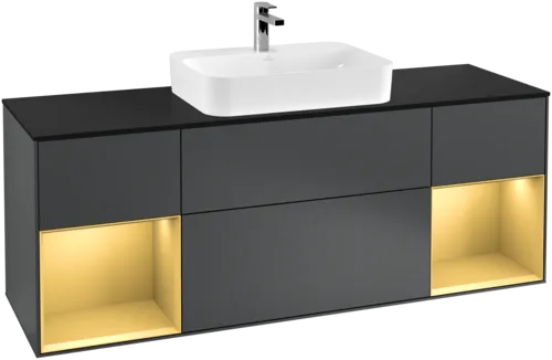 VILLEROY BOCH Toaletní skříňka Finion, s osvětlením, 4 výsuvy, 1600 x 603 x 501 mm, Midnight Blue Matt Lacquer / Gold Matt Lacquer / Glass Black Matt #F452HFHG, obrázek 1