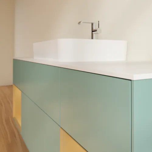 VILLEROY BOCH Toaletní skříňka Finion, s osvětlením, 4 výsuvy, 1600 x 603 x 501 mm, olivový matný lak / zlatý matný lak / bílé matné sklo #F451HFGM, obrázek 3
