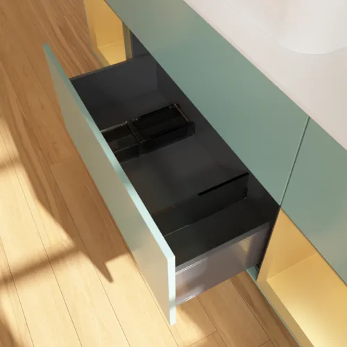 VILLEROY BOCH Toaletní skříňka Finion, s osvětlením, 4 výsuvy, 1600 x 603 x 501 mm, olivový matný lak / zlatý matný lak / bílé matné sklo #F451HFGM, obrázek 4
