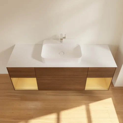 VILLEROY BOCH Toaletní skříňka Finion, s osvětlením, 4 výsuvy, 1600 x 603 x 501 mm, ořechová dýha / zlatý matný lak / sklo bílé matné #F451HFGN, obrázek 3