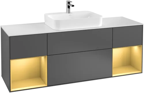 VILLEROY BOCH Toaletní skříňka Finion, s osvětlením, 4 výsuvy, 1600 x 603 x 501 mm, antracitový matný lak / zlatý matný lak / bílé matné sklo #F451HFGK, obrázek 1