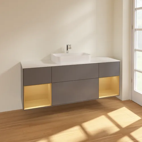 VILLEROY BOCH Toaletní skříňka Finion, s osvětlením, 4 výsuvy, 1600 x 603 x 501 mm, antracitový matný lak / zlatý matný lak / bílé matné sklo #F451HFGK, obrázek 2