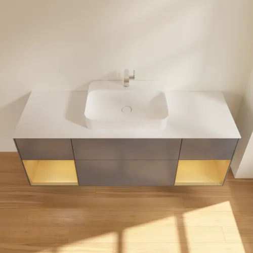VILLEROY BOCH Toaletní skříňka Finion, s osvětlením, 4 výsuvy, 1600 x 603 x 501 mm, antracitový matný lak / zlatý matný lak / bílé matné sklo #F451HFGK, obrázek 3
