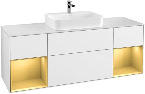 VILLEROY BOCH Toaletní skříňka Finion, s osvětlením, 4 výsuvy, 1600 x 603 x 501 mm, lesklý bílý lak / zlatý matný lak / bílé matné sklo #F451HFGF