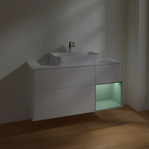 VILLEROY BOCH Toaletní skříňka Finion, s osvětlením, 3 výsuvy, 1200 x 603 x 501 mm, bílý matný lak / olivový matný lak / sklo bílé matné #F421GMMT, obrázek 5