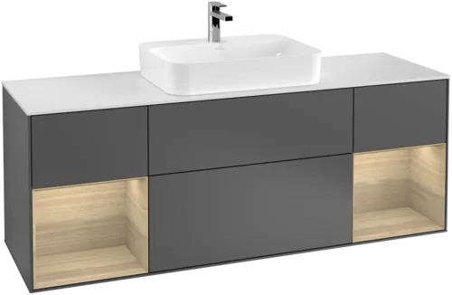 VILLEROY BOCH Toaletní skříňka Finion, s osvětlením, 4 výsuvy, 1600 x 603 x 501 mm, antracit matný lak / dubová dýha / sklo bílé matné #F451PCGK