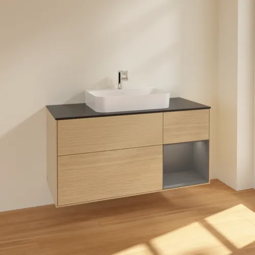 VILLEROY BOCH Toaletní skříňka Finion, s osvětlením, 3 výsuvy, 1200 x 603 x 501 mm, dubová dýha / antracitový matný lak / černé matné sklo #F422GKPC, obrázek 2