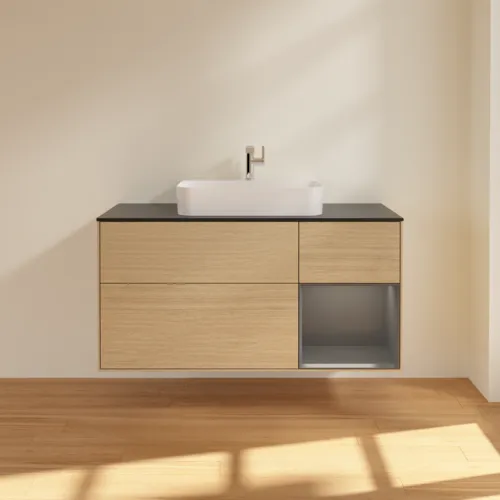 VILLEROY BOCH Toaletní skříňka Finion, s osvětlením, 3 výsuvy, 1200 x 603 x 501 mm, dubová dýha / antracitový matný lak / černé matné sklo #F422GKPC, obrázek 3