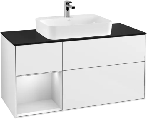 VILLEROY BOCH Toaletní skříňka Finion, s osvětlením, 3 výsuvy, 1200 x 603 x 501 mm, lesklý bílý lak / bílý matný lak / sklo černé matné #F412MTGF