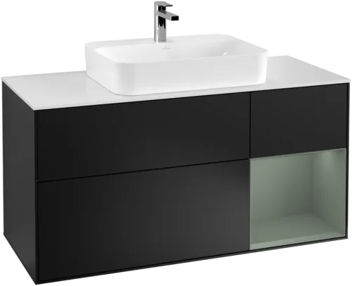 VILLEROY BOCH Toaletní skříňka Finion, s osvětlením, 3 výsuvy, 1200 x 603 x 501 mm, černý matný lak / olivový matný lak / bílé matné sklo #F421GMPD, obrázek 1