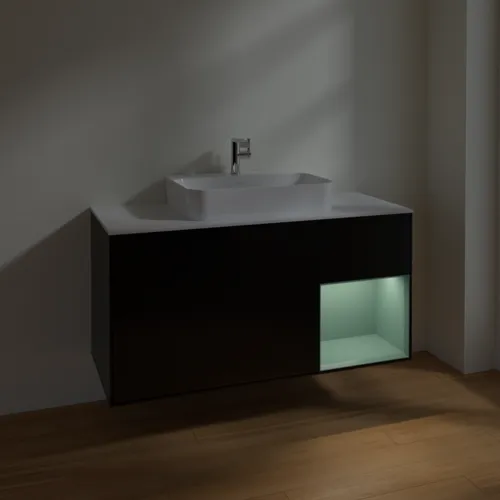 VILLEROY BOCH Toaletní skříňka Finion, s osvětlením, 3 výsuvy, 1200 x 603 x 501 mm, černý matný lak / olivový matný lak / bílé matné sklo #F421GMPD, obrázek 5