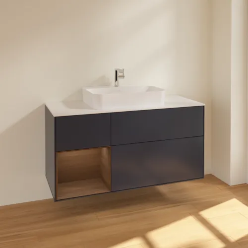 VILLEROY BOCH Toaletní skříňka Finion, s osvětlením, 3 výsuvy, 1200 x 603 x 501 mm, půlnočně modrý matný lak / ořechová dýha / bílé matné sklo #F411GNHG, obrázek 2
