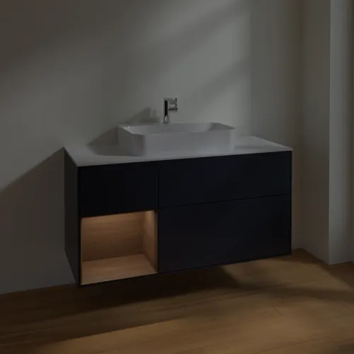 VILLEROY BOCH Toaletní skříňka Finion, s osvětlením, 3 výsuvy, 1200 x 603 x 501 mm, půlnočně modrý matný lak / ořechová dýha / bílé matné sklo #F411GNHG, obrázek 5