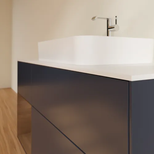 VILLEROY BOCH Toaletní skříňka Finion, s osvětlením, 3 výsuvy, 1200 x 603 x 501 mm, půlnočně modrý matný lak / ořechová dýha / bílé matné sklo #F411GNHG, obrázek 6