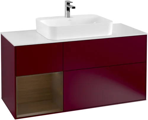 VILLEROY BOCH Toaletní skříňka Finion, s osvětlením, 3 výsuvy, 1200 x 603 x 501 mm, matný lak Peony / ořechová dýha / bílé matné sklo #F411GNHB