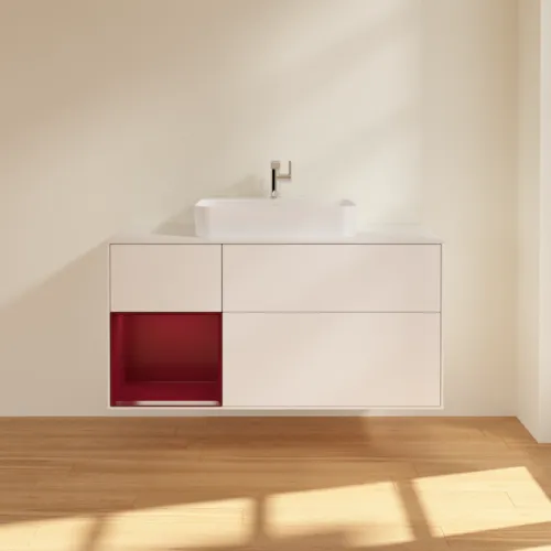 VILLEROY BOCH Toaletní skříňka Finion, s osvětlením, 3 výsuvy, 1200 x 603 x 501 mm, bílý matný lak / pivoňkový matný lak / sklo bílé matné #F411HBMT, obrázek 3